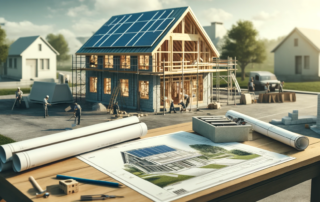 House under construction with blueprints and solar panels being installed, representing sustainable building practices with Home & Energy Solutions of Florida.