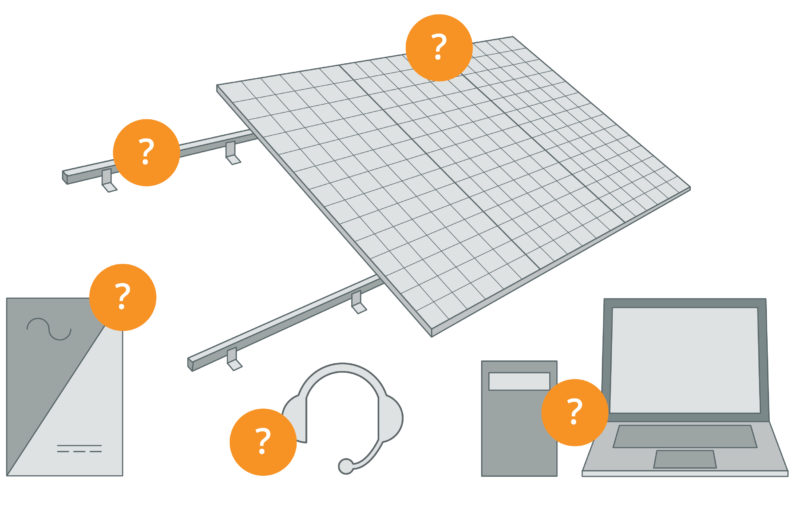 Illustration of Maxeon solar panel components including mounting system, support, and related equipment for high-efficiency solar solutions.