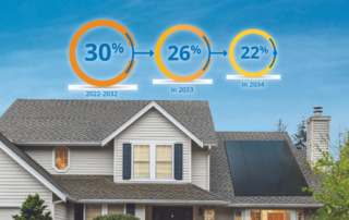 Photo of a home with an example showing how homeowners can claim a tax credit of (30% in 2022-2032) (26% in 2033) (22% in 2034)