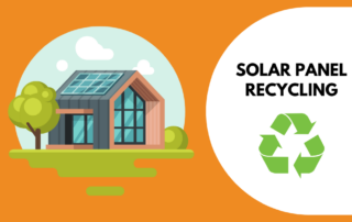 Illustration of a house with solar panels and a recycling symbol, promoting solar panel recycling by Home & Energy Solutions of Florida.