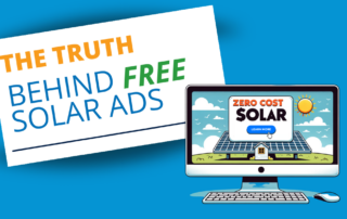 Image showing a computer screen with the text "Zero Cost Solar" and a sign that reads "The Truth Behind Free Solar Ads." Ideal for illustrating deceptive solar advertisement practices.