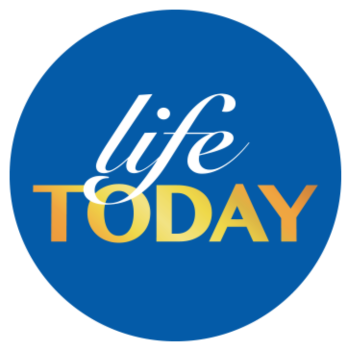 Life Today logo with white and gradient yellow-orange text on a blue circular background.