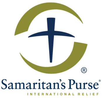 Samaritan's Purse logo with blue cross inside green swoosh and text 'International Relief'.