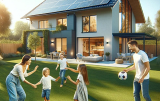 Family enjoying time together in a solar-powered home with Evergreen Solar panels, promoting renewable energy and sustainable living.