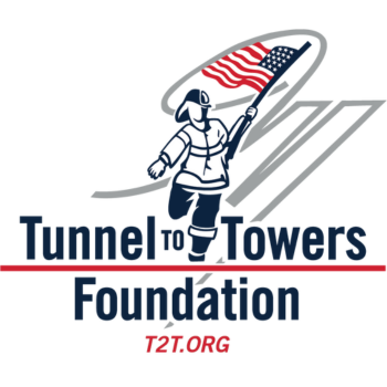 Tunnel to Towers Foundation logo with firefighter carrying American flag and text 'T2T.ORG'.